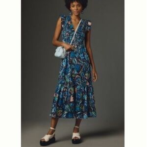Anthropologie 3x Plus Midi Peregrine Floral Blue Sleeveless Dress